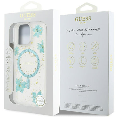Θήκη MagSafe για Apple iPhone 16 Pro Max, Guess, Resin Flowers and Glitter, Τυρκουάζ