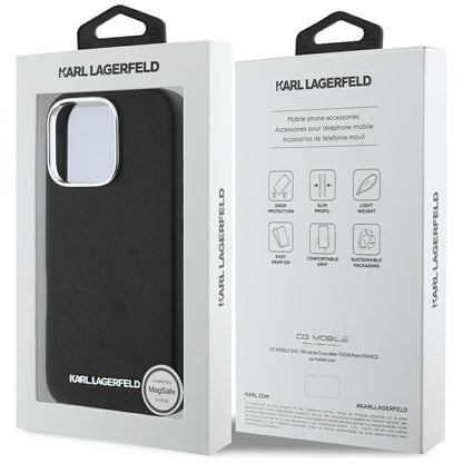 Θήκη MagSafe για Apple iPhone 16 Pro Max, Karl Lagerfeld, Saffiano Full Wrapped Elongated Metal Logo, Μαύρη
