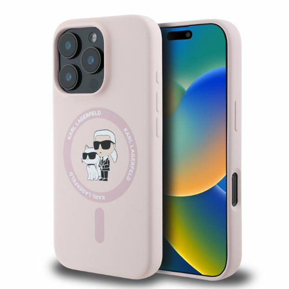 Θήκη MagSafe για Apple iPhone 16 Pro Max, Karl Lagerfeld, Silicone Ring Karl & Choupette, Ροζ