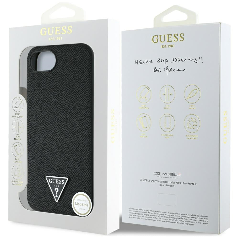 Θήκη MagSafe για Apple iPhone 16e, Guess, Grained Triangle Logo, Μαύρη
