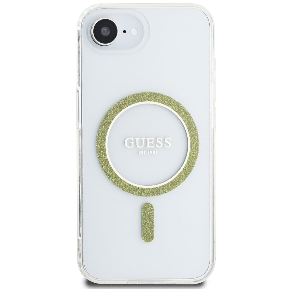 MagSafe Case for Apple iPhone 16e, Guess, IML Glitter Circle, Transparent