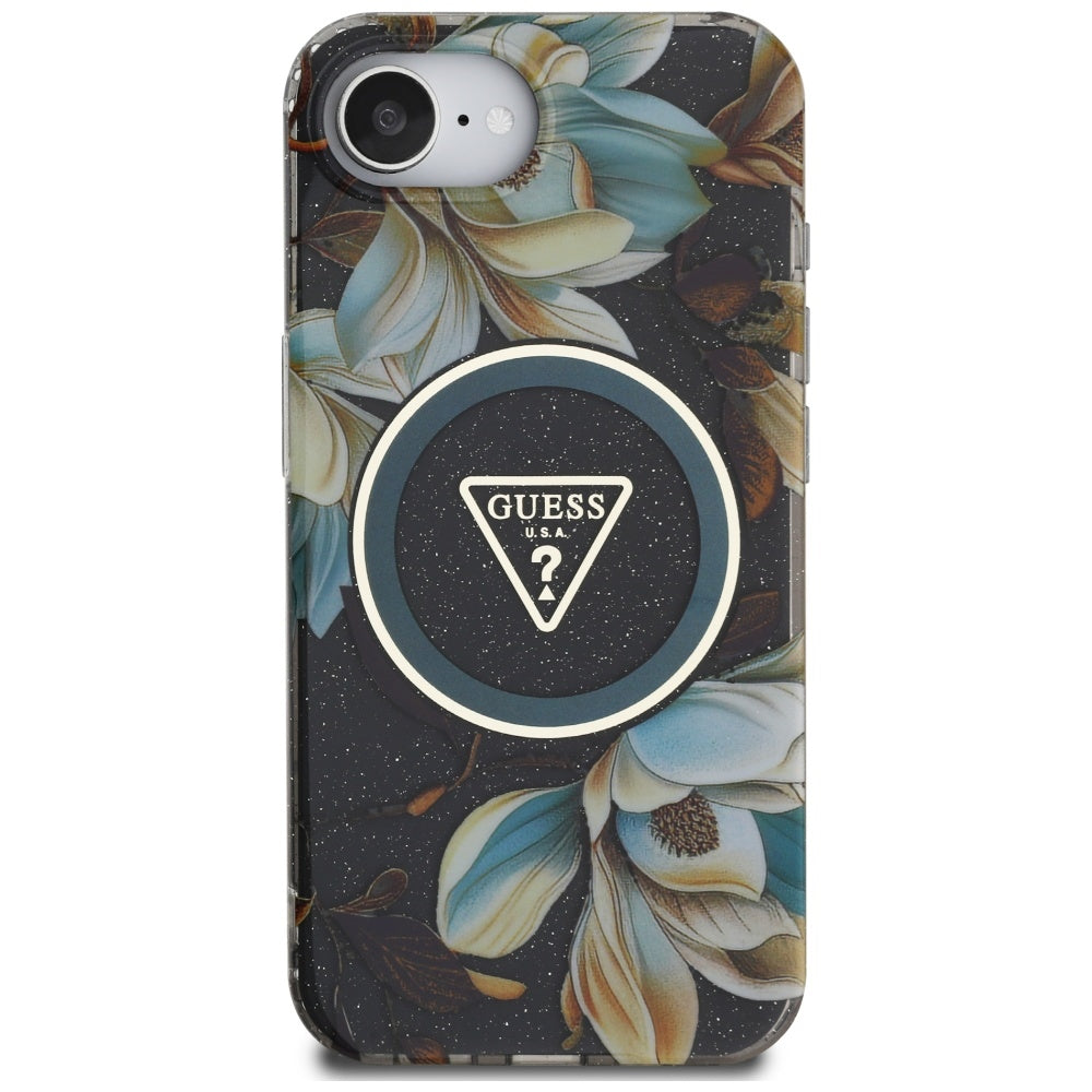 Θήκη MagSafe για Apple iPhone 16e, Guess, IML Metal Glitter Flowers Triangle, Μαύρη