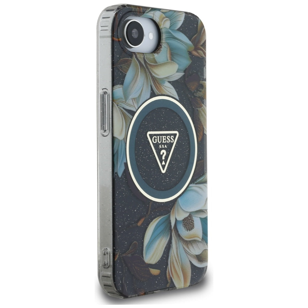 Θήκη MagSafe για Apple iPhone 16e, Guess, IML Metal Glitter Flowers Triangle, Μαύρη