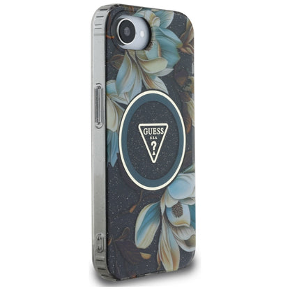 Θήκη MagSafe για Apple iPhone 16e, Guess, IML Metal Glitter Flowers Triangle, Μαύρη