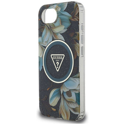 Θήκη MagSafe για Apple iPhone 16e, Guess, IML Metal Glitter Flowers Triangle, Μαύρη
