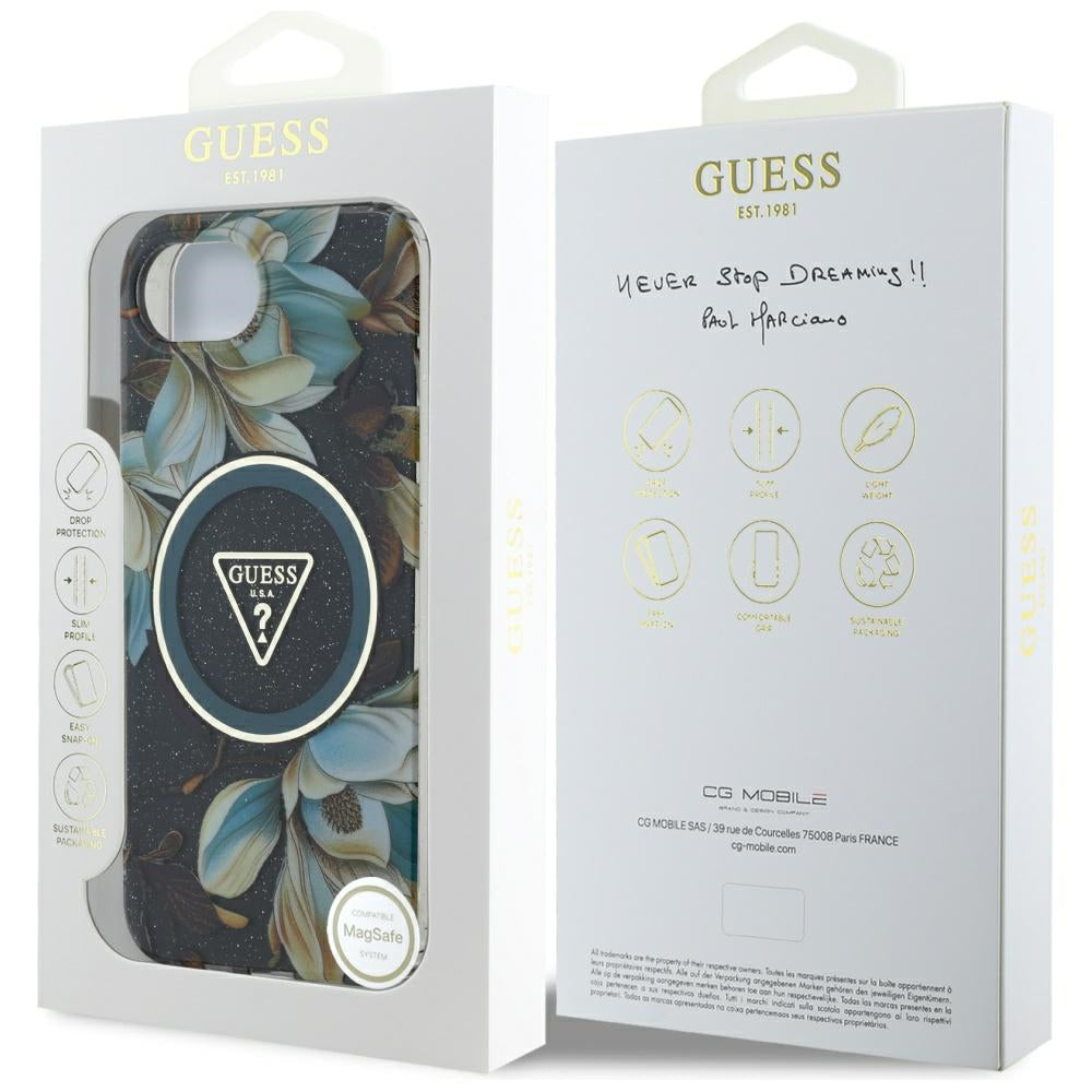 Θήκη MagSafe για Apple iPhone 16e, Guess, IML Metal Glitter Flowers Triangle, Μαύρη