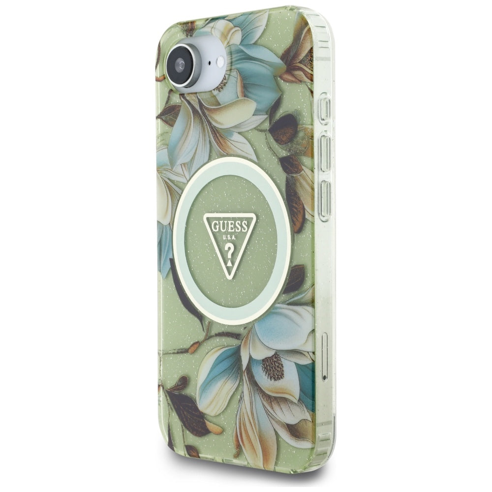 Θήκη MagSafe για Apple iPhone 16e, Guess, IML Metal Glitter Flowers Triangle, Πράσινο