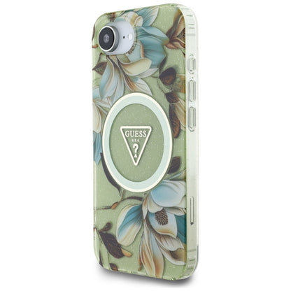 Θήκη MagSafe για Apple iPhone 16e, Guess, IML Metal Glitter Flowers Triangle, Πράσινο