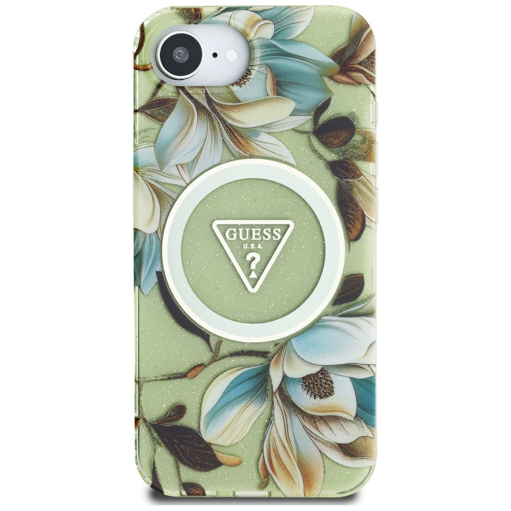 Θήκη MagSafe για Apple iPhone 16e, Guess, IML Metal Glitter Flowers Triangle, Πράσινο