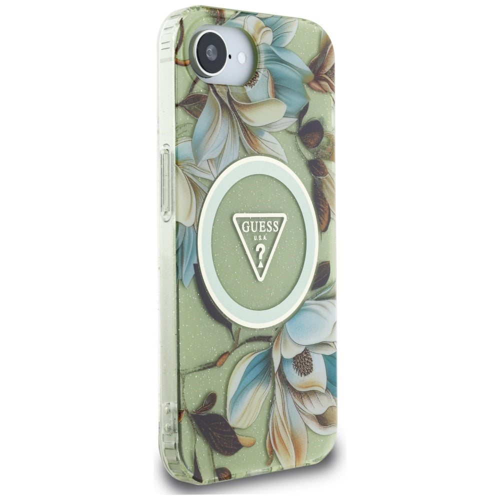 Θήκη MagSafe για Apple iPhone 16e, Guess, IML Metal Glitter Flowers Triangle, Πράσινο