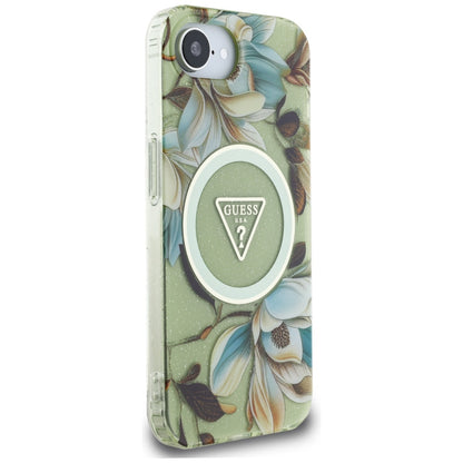 Θήκη MagSafe για Apple iPhone 16e, Guess, IML Metal Glitter Flowers Triangle, Πράσινο