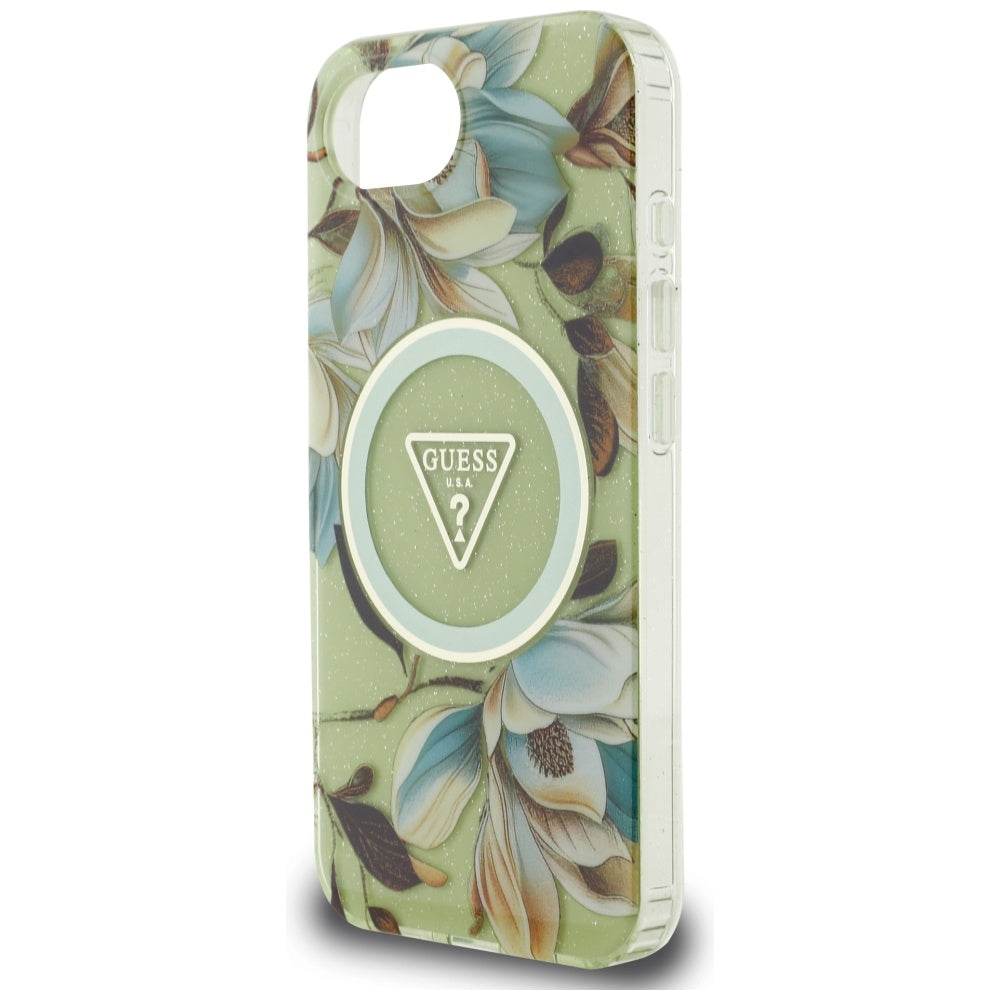 Θήκη MagSafe για Apple iPhone 16e, Guess, IML Metal Glitter Flowers Triangle, Πράσινο