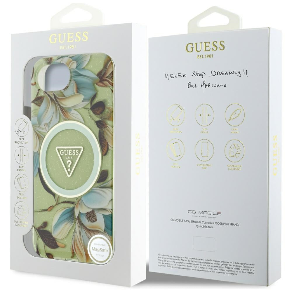 Θήκη MagSafe για Apple iPhone 16e, Guess, IML Metal Glitter Flowers Triangle, Πράσινο