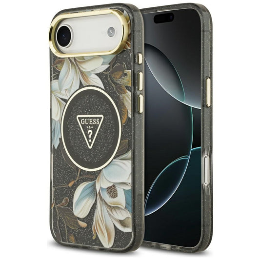 Θήκη MagSafe για Apple iPhone 17 Air, Guess, IML Metal Glitter Flowers Triangle, Μαύρη