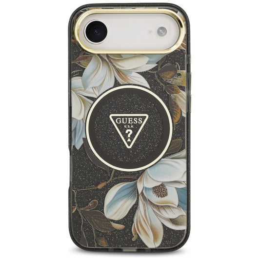 Θήκη MagSafe για Apple iPhone 17 Air, Guess, IML Metal Glitter Flowers Triangle, Μαύρη