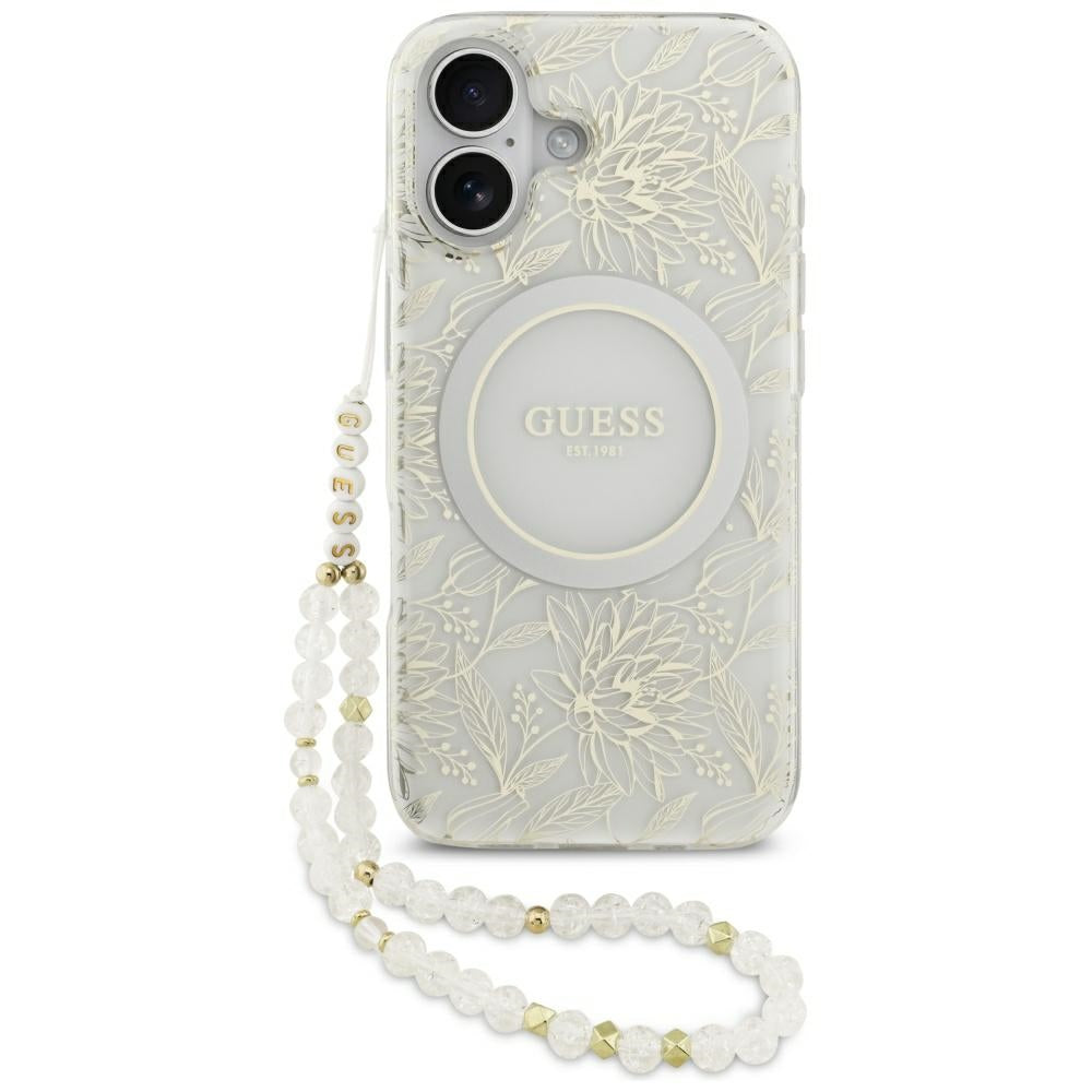 Θήκη MagSafe για Apple iPhone 17, Guess, IML Flowers with Pearl Strap, Λευκή