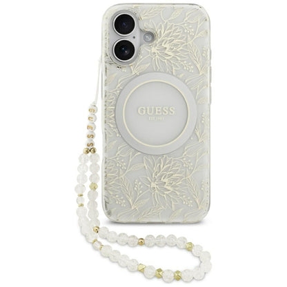 Θήκη MagSafe για Apple iPhone 17, Guess, IML Flowers with Pearl Strap, Λευκή