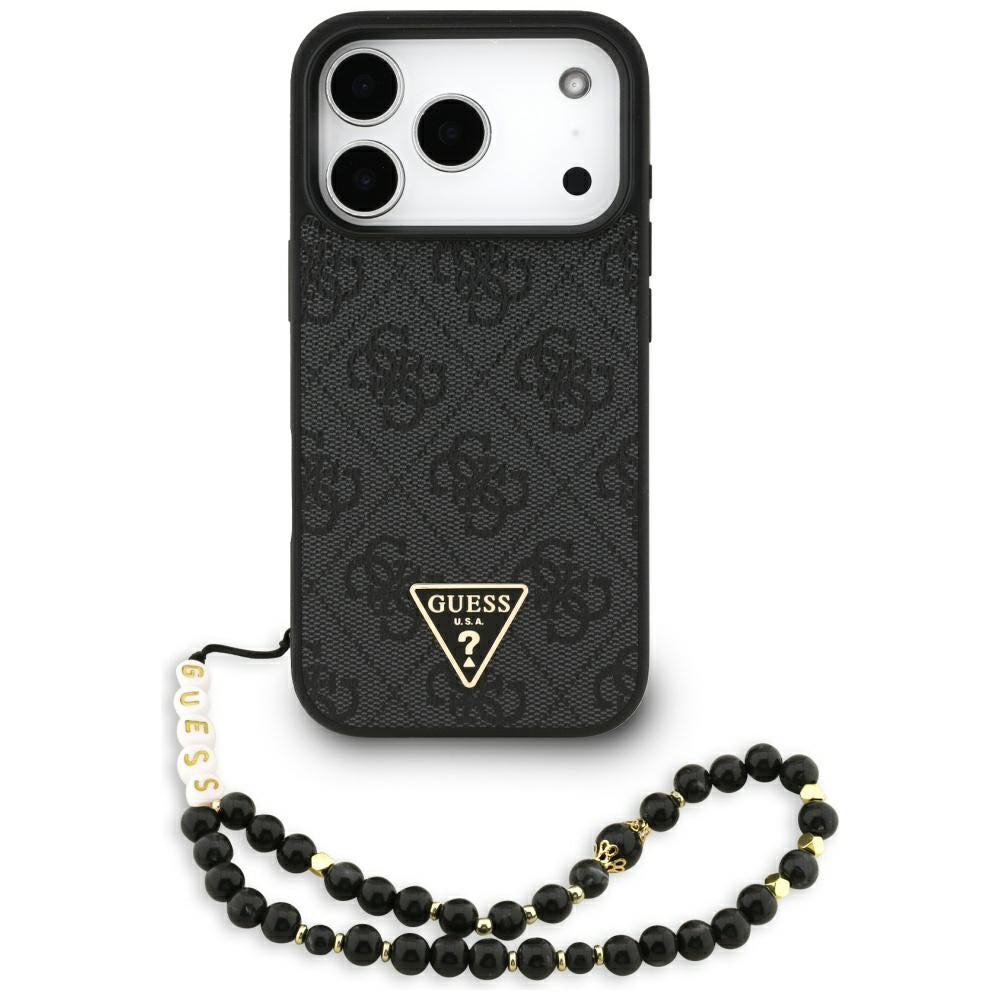 Θήκη MagSafe για Apple iPhone 17 Pro, Guess, 4G Triangle Logo με Λουράκι Κορδονιού, Μαύρη