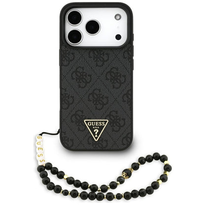 Θήκη MagSafe για Apple iPhone 17 Pro, Guess, 4G Triangle Logo με Λουράκι Κορδονιού, Μαύρη