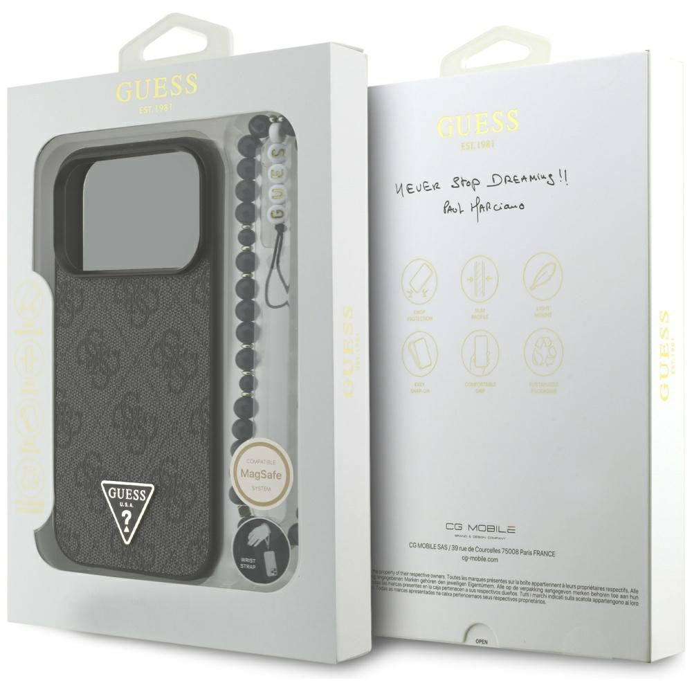 Θήκη MagSafe για Apple iPhone 17 Pro, Guess, 4G Triangle Logo με Λουράκι Κορδονιού, Μαύρη