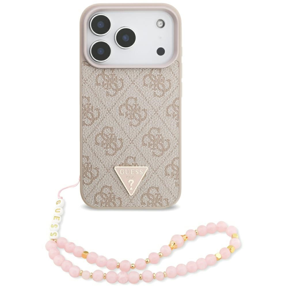Θήκη MagSafe για Apple iPhone 17 Pro, Guess, 4G Triangle Logo με Pearl Strap, Ροζ