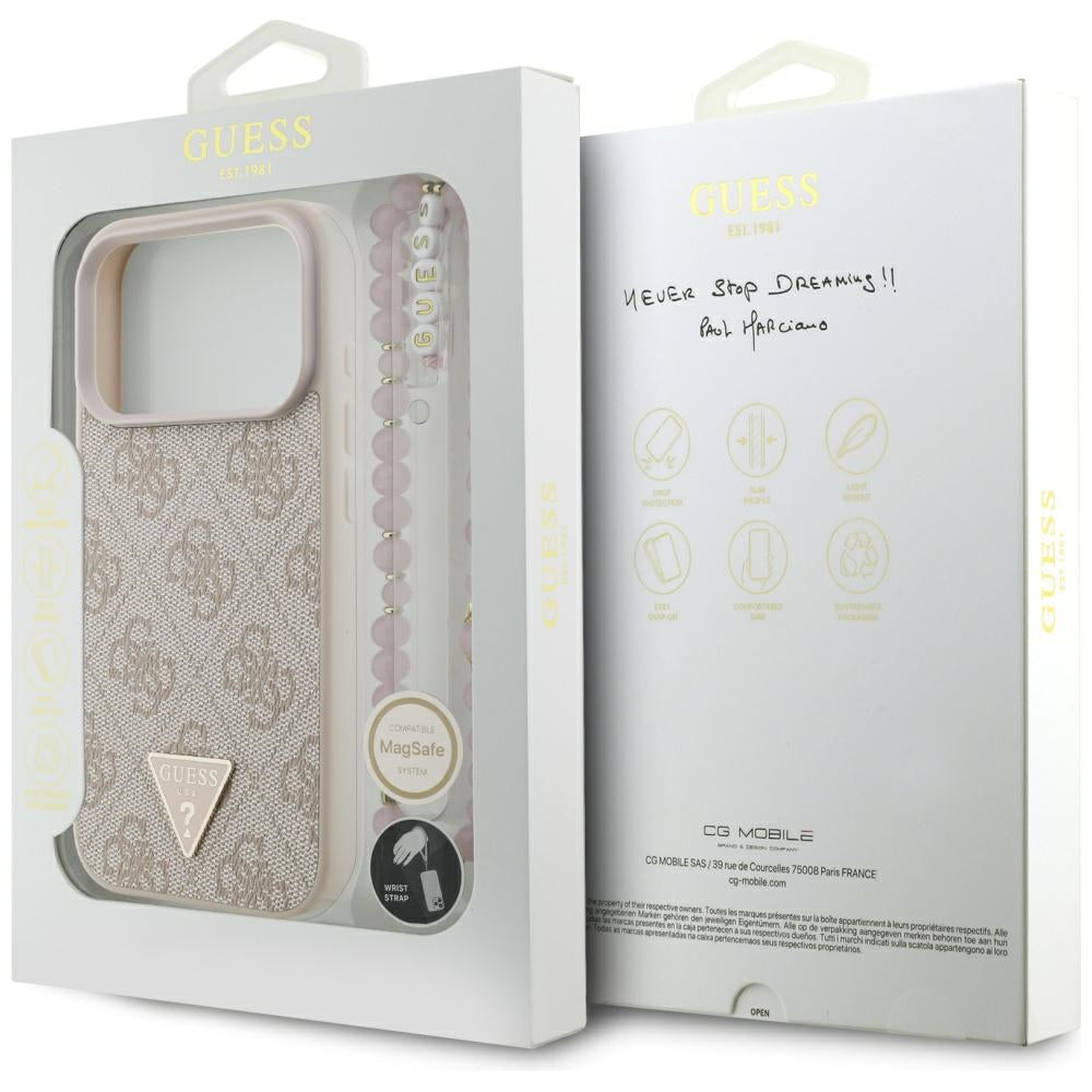 Θήκη MagSafe για Apple iPhone 17 Pro, Guess, 4G Triangle Logo με Pearl Strap, Ροζ