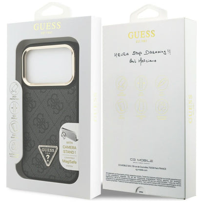Θήκη MagSafe για Apple iPhone 17 Pro, Guess, 4G Triangle Logo με Βάση Κάμερας, Μαύρη Χρυσή