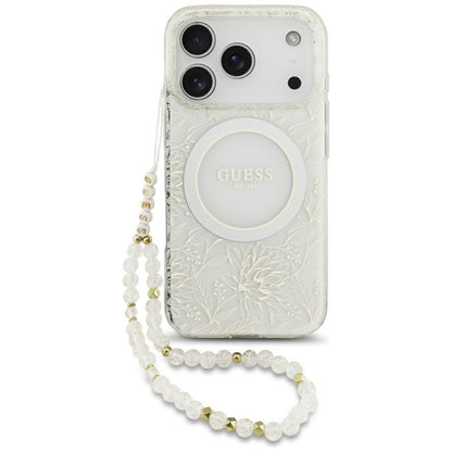 Θήκη MagSafe για Apple iPhone 17 Pro, Guess, IML Flowers Allover Electroplated with Pearl Strap, Λευκή