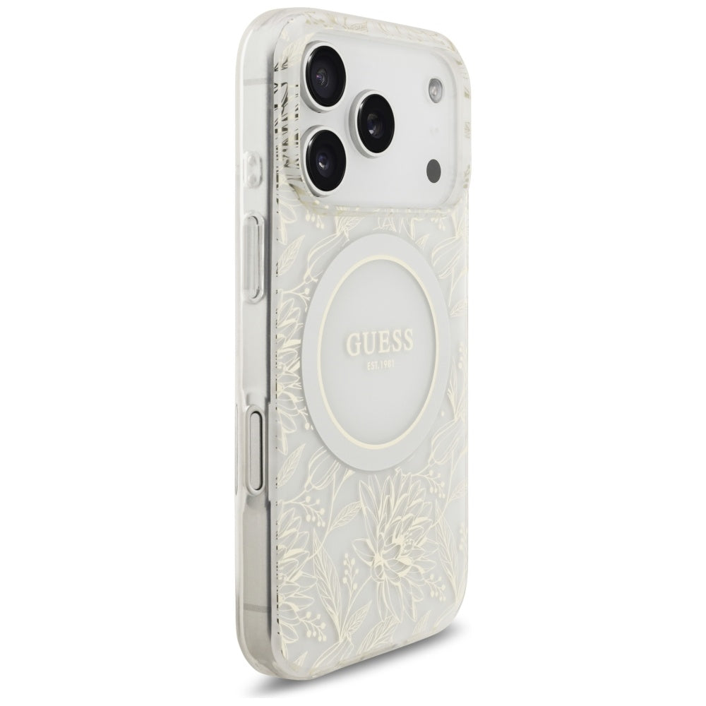 Θήκη MagSafe για Apple iPhone 17 Pro, Guess, IML Flowers Allover Electroplated with Pearl Strap, Λευκή