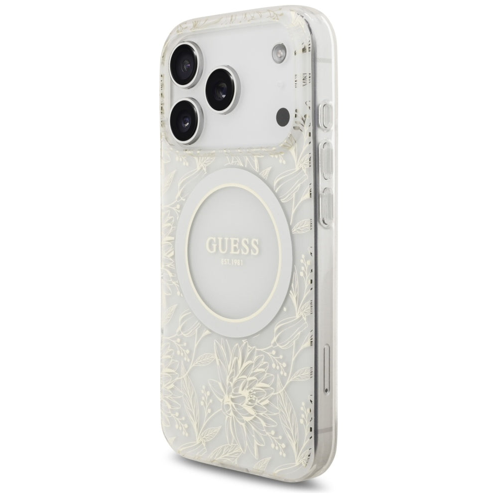 Θήκη MagSafe για Apple iPhone 17 Pro, Guess, IML Flowers Allover Electroplated with Pearl Strap, Λευκή