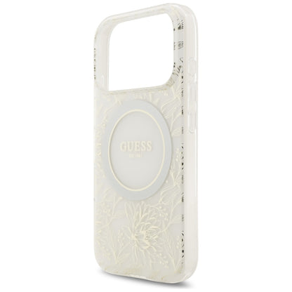 Θήκη MagSafe για Apple iPhone 17 Pro, Guess, IML Flowers Allover Electroplated with Pearl Strap, Λευκή
