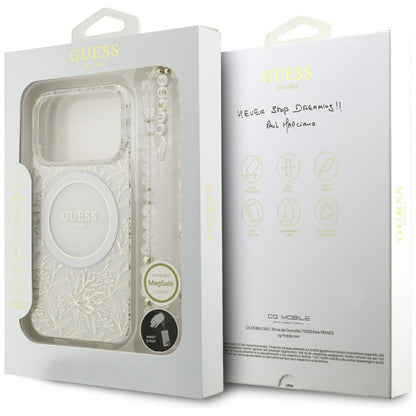 Θήκη MagSafe για Apple iPhone 17 Pro, Guess, IML Flowers Allover Electroplated with Pearl Strap, Λευκή