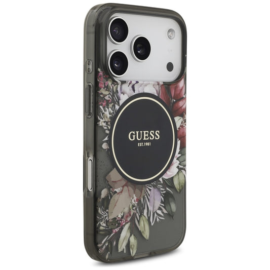 Θήκη MagSafe για Apple iPhone 17 Pro, Guess, IML Flowers with Pearl Strap, Μαύρη