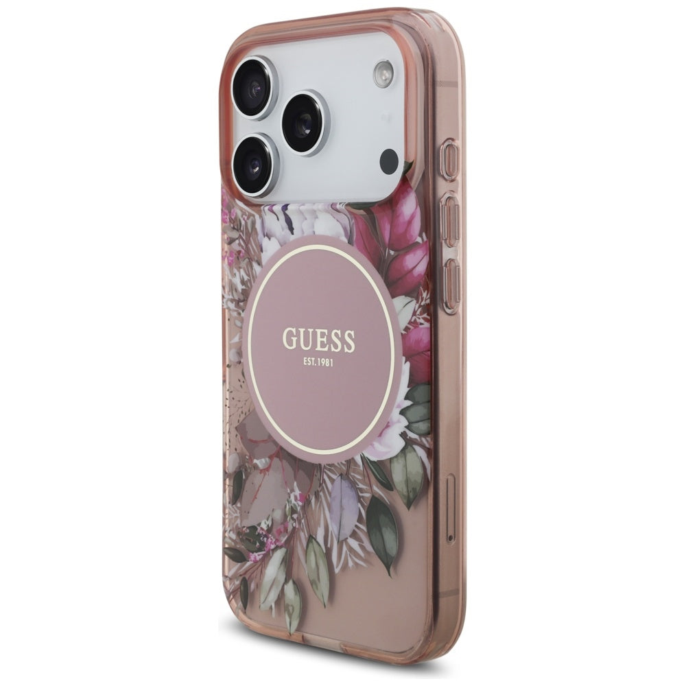 Θήκη MagSafe για Apple iPhone 17 Pro, Guess, IML Flowers with Pearl Strap, Ροζ
