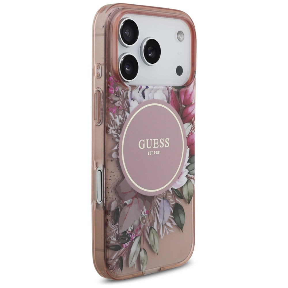 Θήκη MagSafe για Apple iPhone 17 Pro, Guess, IML Flowers with Pearl Strap, Ροζ