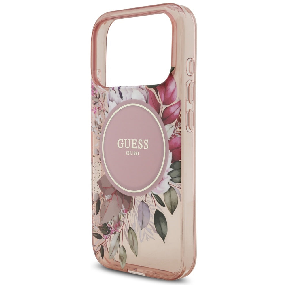 Θήκη MagSafe για Apple iPhone 17 Pro, Guess, IML Flowers with Pearl Strap, Ροζ