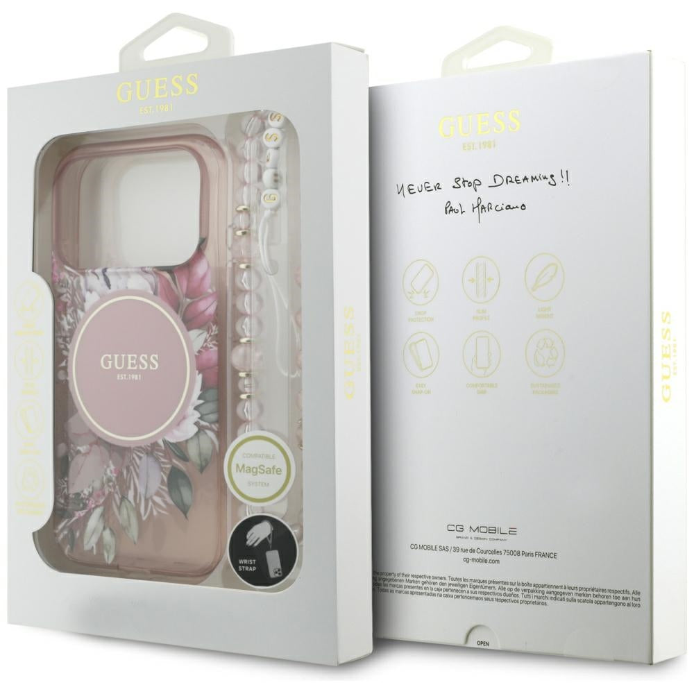 Θήκη MagSafe για Apple iPhone 17 Pro, Guess, IML Flowers with Pearl Strap, Ροζ