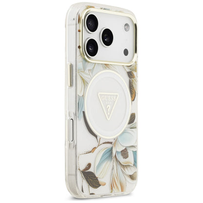 Θήκη MagSafe για Apple iPhone 17 Pro, Guess, IML Metal Glitter Flowers Triangle, Λευκή