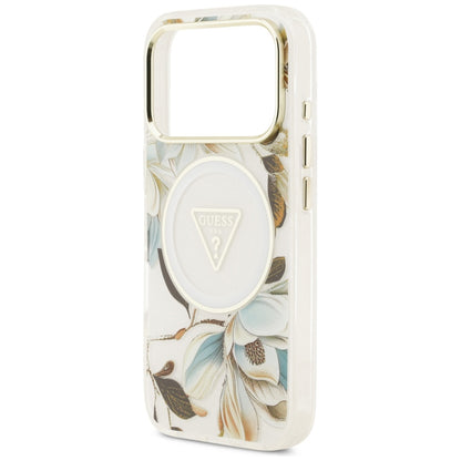 Θήκη MagSafe για Apple iPhone 17 Pro, Guess, IML Metal Glitter Flowers Triangle, Λευκή