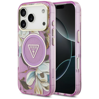 Θήκη MagSafe για Apple iPhone 17 Pro, Guess, IML Metal Glitter Flowers Triangle, Μωβ