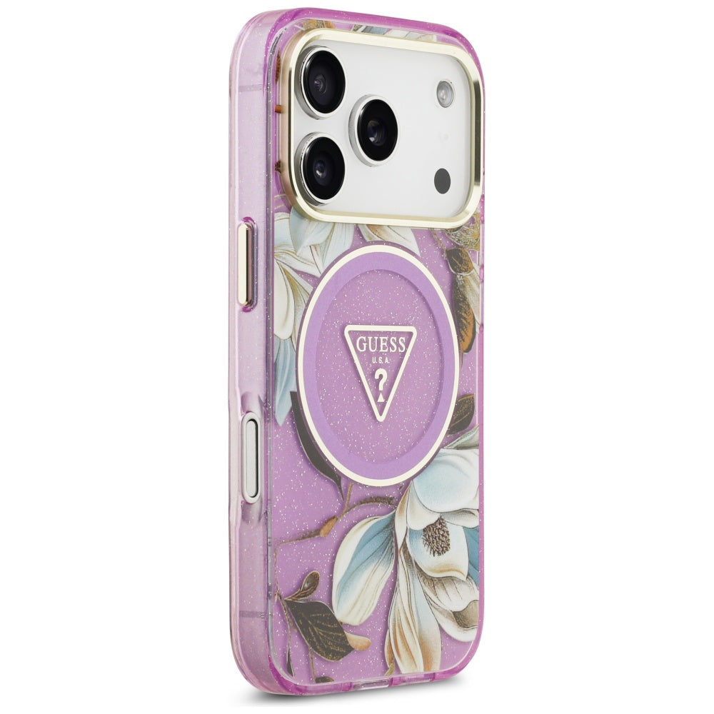 Θήκη MagSafe για Apple iPhone 17 Pro, Guess, IML Metal Glitter Flowers Triangle, Μωβ