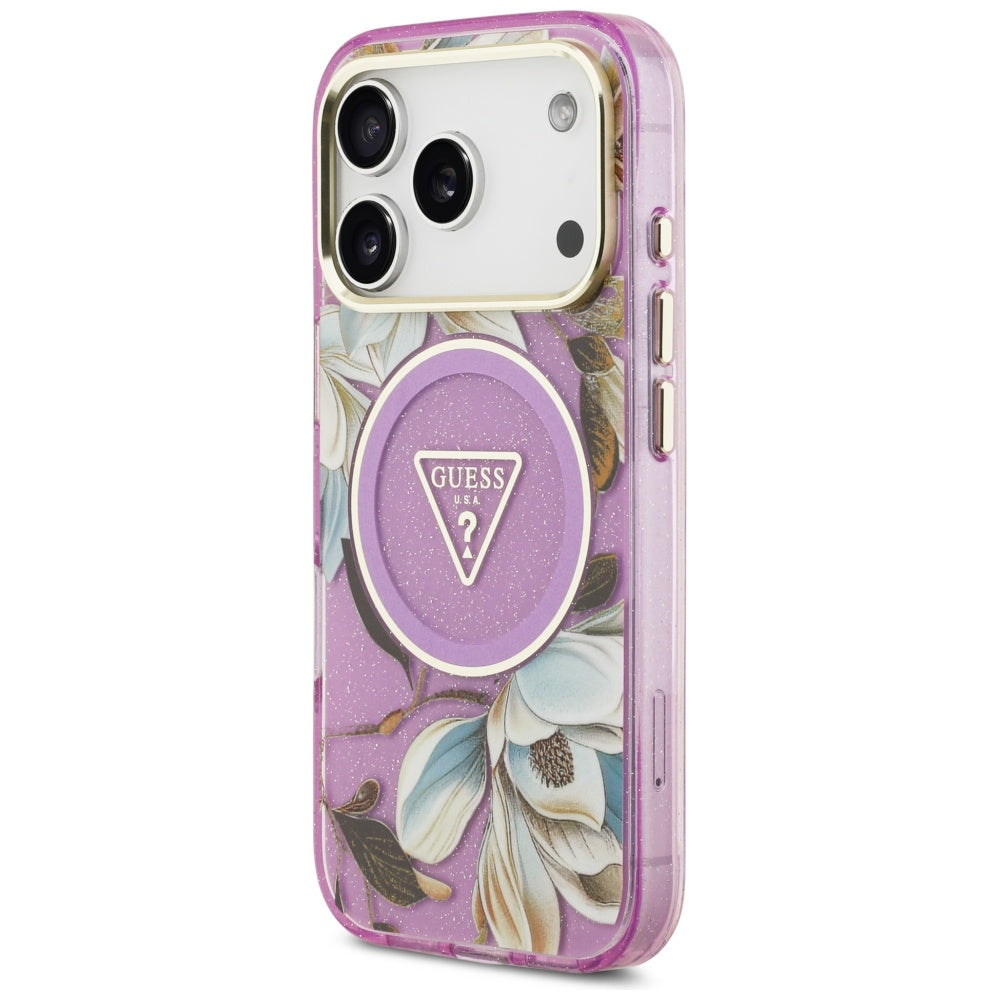 Θήκη MagSafe για Apple iPhone 17 Pro, Guess, IML Metal Glitter Flowers Triangle, Μωβ