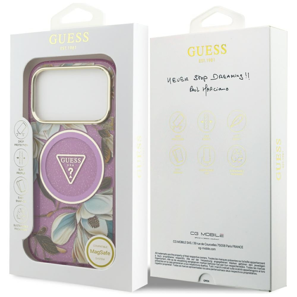 Θήκη MagSafe για Apple iPhone 17 Pro, Guess, IML Metal Glitter Flowers Triangle, Μωβ
