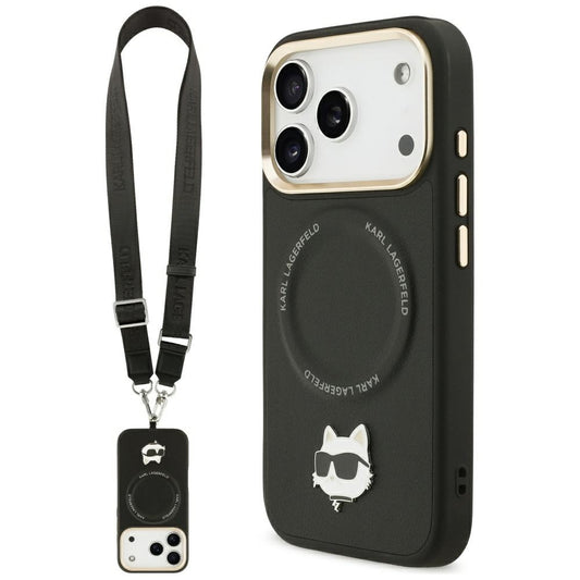 Θήκη MagSafe για Apple iPhone 17 Pro, Karl Lagerfeld, Big Strap Choupette Metal Logo, Μαύρη