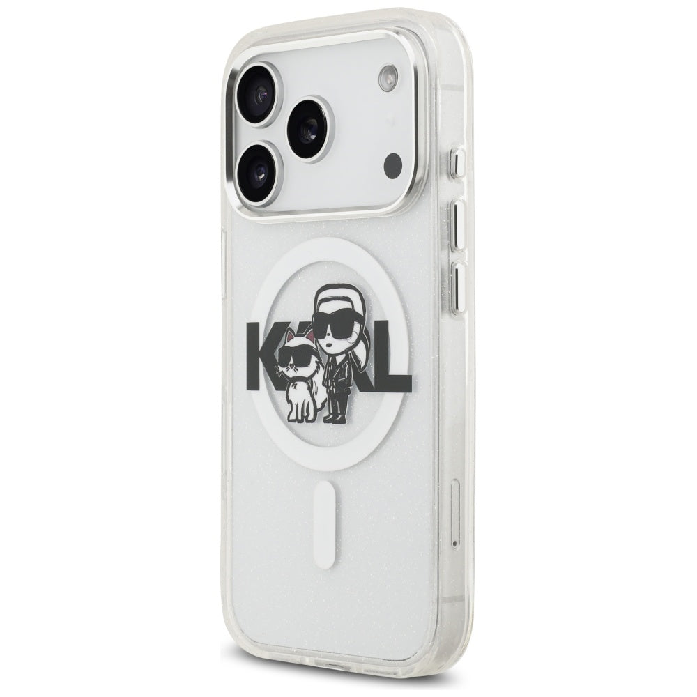 MagSafe Case for Apple iPhone 17 Pro, Karl Lagerfeld, IML Sketch Logo Glitter Karl & Choupette, Transparent