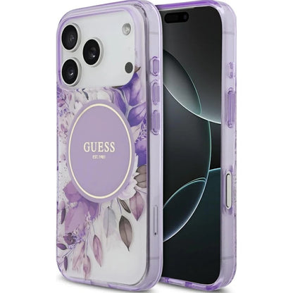 MagSafe Case for Apple iPhone 17 Pro Max, Guess, IML Flower & Tonal Circle, Purple