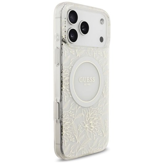 Θήκη MagSafe για Apple iPhone 17 Pro Max, Guess, IML Flowers Allover Electroplated with Pearl Strap, Λευκή