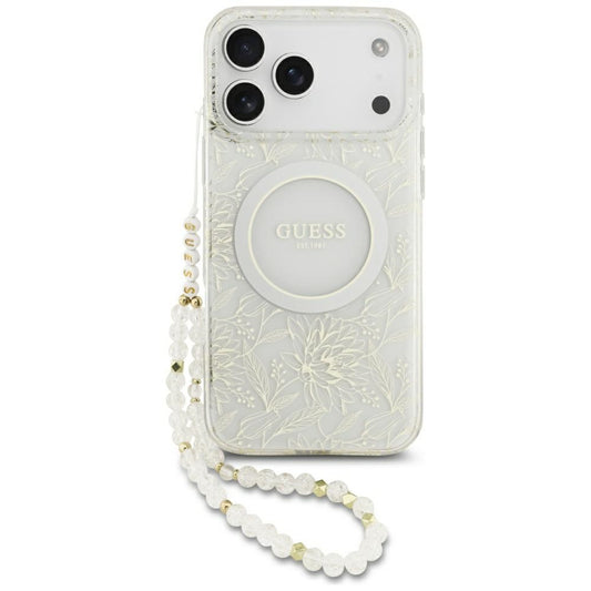 Θήκη MagSafe για Apple iPhone 17 Pro Max, Guess, IML Flowers Allover Electroplated with Pearl Strap, Λευκή