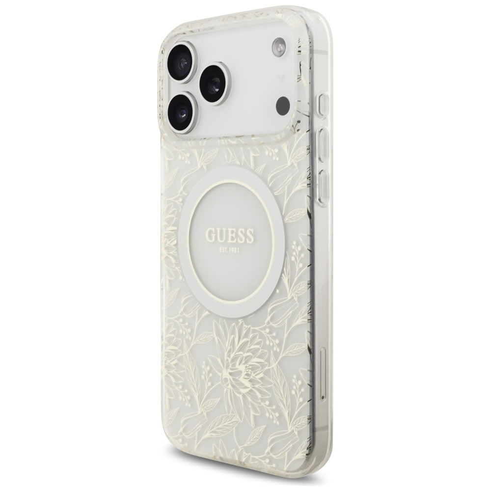 Θήκη MagSafe για Apple iPhone 17 Pro Max, Guess, IML Flowers Allover Electroplated with Pearl Strap, Λευκή