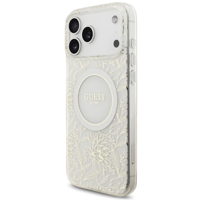 Θήκη MagSafe για Apple iPhone 17 Pro Max, Guess, IML Flowers Allover Electroplated with Pearl Strap, Λευκή